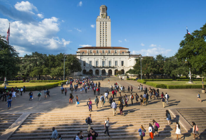 Tower and Main Building with students on the Main Mall 2015.